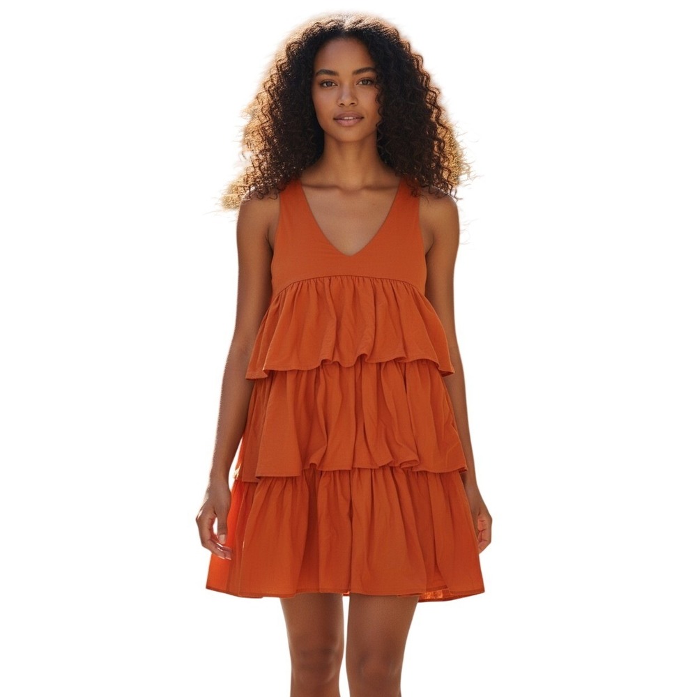 J.Crew Womens Tiered Ruffle Mini Dress Orange Sleeveless V-Neck Size‎ M